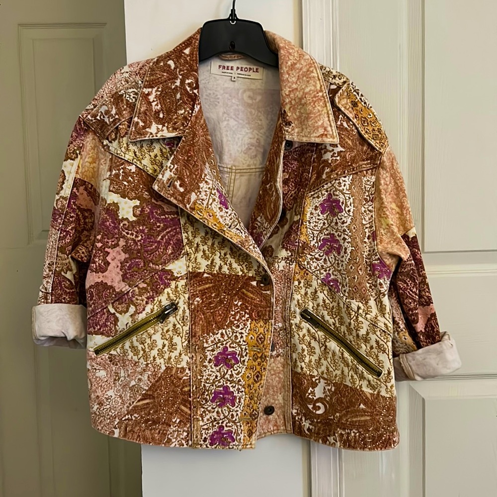 Free People pink bandana printed oversized denim jacket in Small